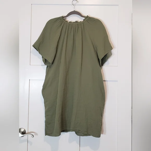 Old Navy Knee Length Dress All Cotton Ruffled V Neck Short Sleeves Olive Large - Picture 11 of 11